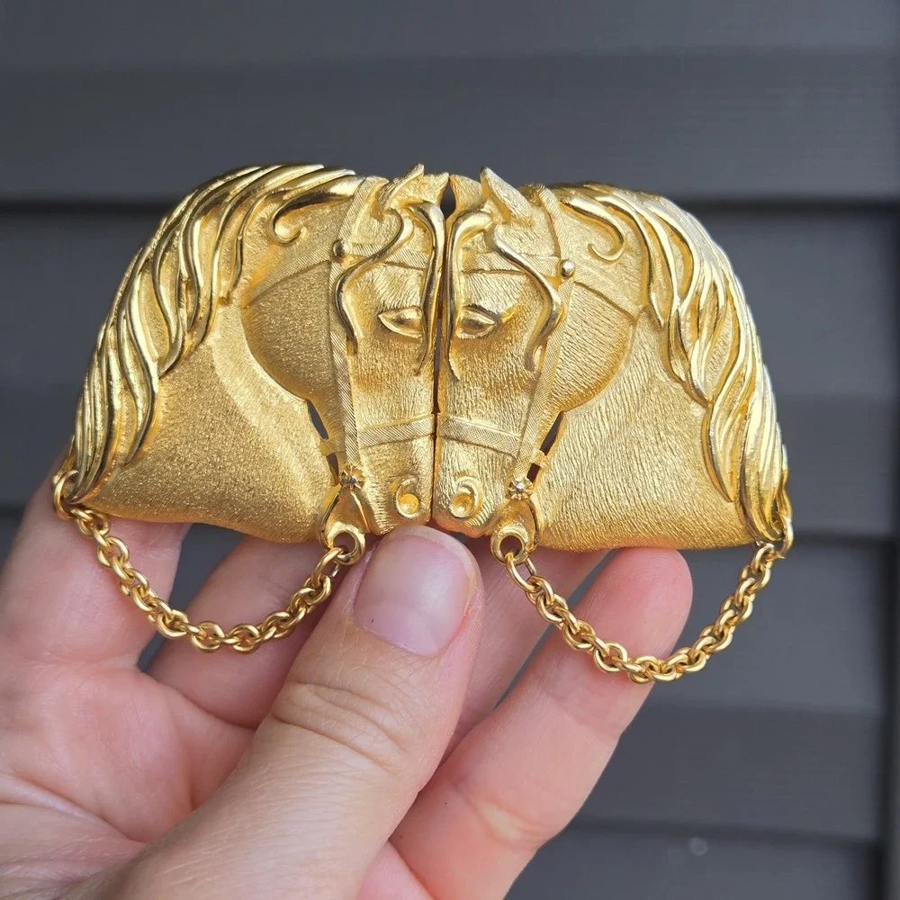 Double Horse Belt Buckle Gold Tone Interlocking Two Pieces. Unsigned.  No Belt